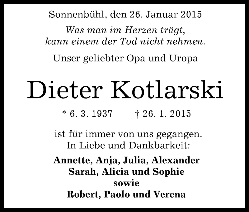  Traueranzeige für Dieter Kotlarski vom 30.01.2015 aus Reutlinger Generalanzeiger