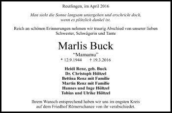 Anzeige von Marlis Buck von Reutlinger Generalanzeiger