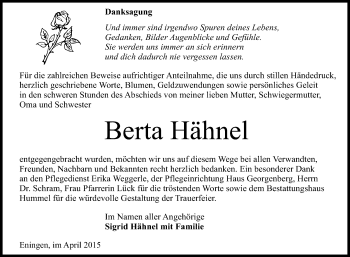 Anzeige von Berta Hähnel von Reutlinger Generalanzeiger