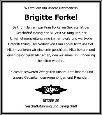 Anzeige von Brigitte Forkel von Reutlinger Generalanzeiger