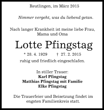 Anzeige von Lotte Pfingstag von Reutlinger Generalanzeiger