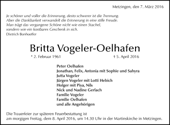 Anzeige von Britta Vogeler-Oelhafen von Reutlinger Generalanzeiger