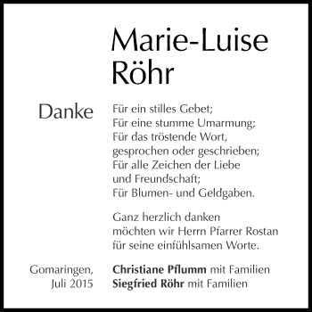 Anzeige von Marie-Luise Röhr von Reutlinger Generalanzeiger