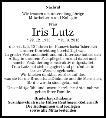 Anzeige von Iris Lutz von Reutlinger Generalanzeiger