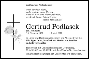 Anzeige von Gertrud Podlasek von Reutlinger Generalanzeiger