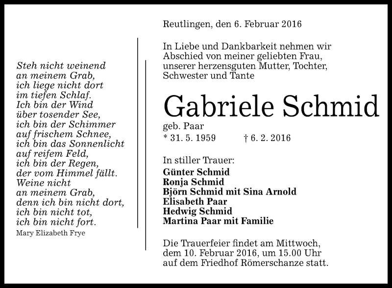  Traueranzeige für Gabriele Schmid vom 08.02.2016 aus Reutlinger Generalanzeiger