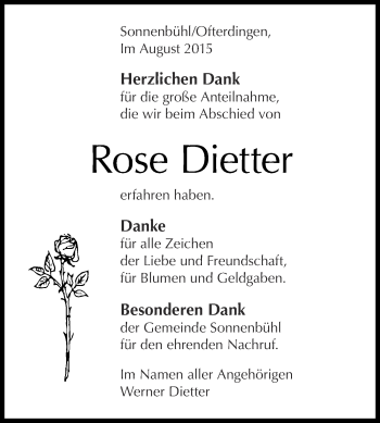 Anzeige von Rose Dietter von Reutlinger Generalanzeiger