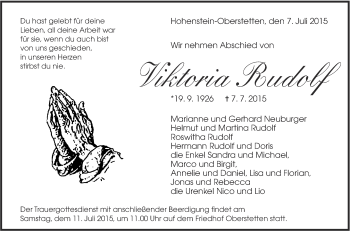 Anzeige von Viktoria Rudolf von Reutlinger Generalanzeiger