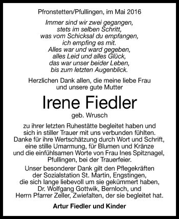 Anzeige von Irene Fiedler von Reutlinger Generalanzeiger