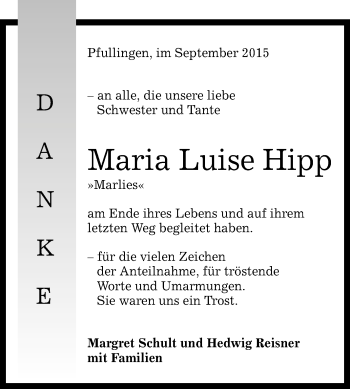 Anzeige von Maria Luise Hipp von Reutlinger Generalanzeiger