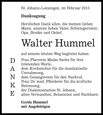 Anzeige von Walter Hummel von Reutlinger Generalanzeiger