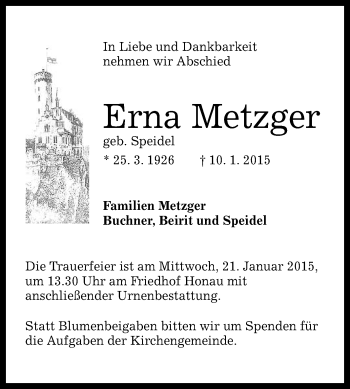 Anzeige von Erna Metzger von Reutlinger Generalanzeiger