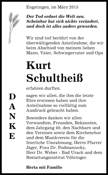 Anzeige von Kurt Schultheiß von Reutlinger Generalanzeiger