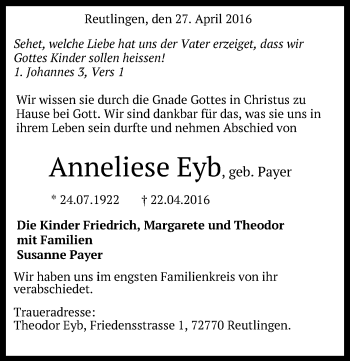 Anzeige von Anneliese Eyb von Reutlinger Generalanzeiger