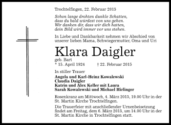 Anzeige von Klara Daigler von Reutlinger Generalanzeiger