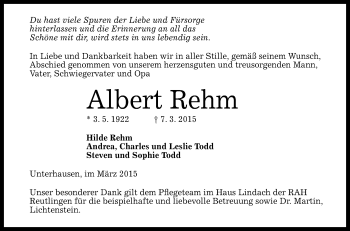 Anzeige von Albert Rehm von Reutlinger Generalanzeiger