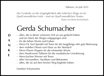 Anzeige von Gerda Schumacher von Reutlinger Generalanzeiger