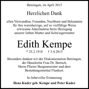 Anzeige von Edith Kempe von Reutlinger Generalanzeiger