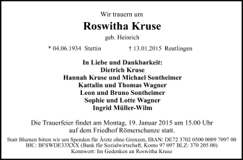 Anzeige von Roswitha Kruse von Reutlinger Generalanzeiger