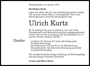 Anzeige von Ulrich Kurtz von Reutlinger Generalanzeiger