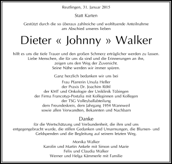Anzeige von Dieter Walker von Reutlinger Generalanzeiger