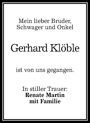 Anzeige von Gerhard Klöble von Reutlinger Generalanzeiger
