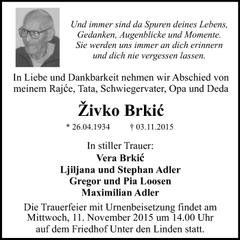 Anzeige von Živko Brkic von Reutlinger Generalanzeiger