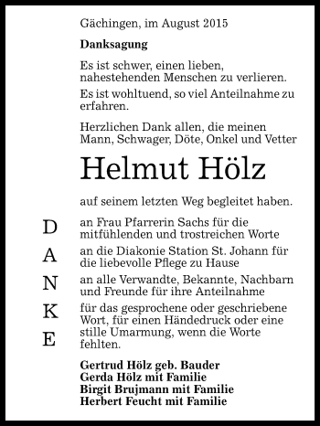 Anzeige von Helmut Hölz von Reutlinger Generalanzeiger