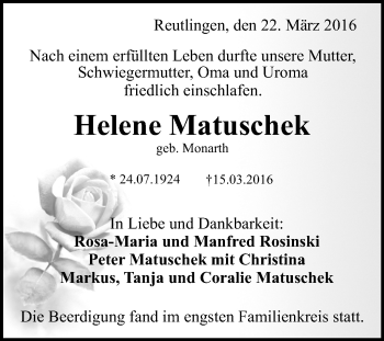Anzeige von Helene Matuschek von Reutlinger Generalanzeiger