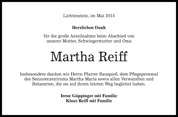 Anzeige von Martha Reiff von Reutlinger Generalanzeiger