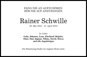 Anzeige von Rainer Schwille von Reutlinger Generalanzeiger