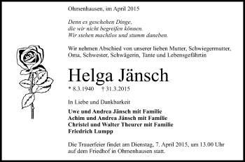 Anzeige von Helga Jänsch von Reutlinger Generalanzeiger