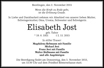 Anzeige von Elisabeth Jost von Reutlinger Generalanzeiger