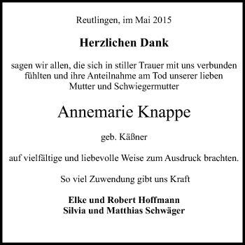 Anzeige von Annemarie Knappe von Reutlinger Generalanzeiger