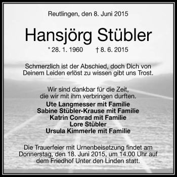 Anzeige von Hansjörg Stübler von Reutlinger Generalanzeiger