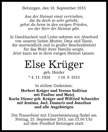 Anzeige von Else Krüger von Reutlinger Generalanzeiger