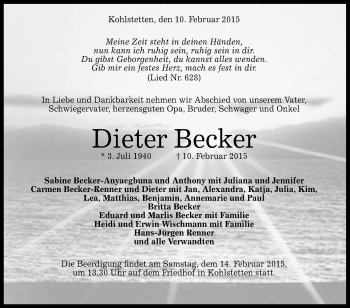 Anzeige von Dieter Becker von Reutlinger Generalanzeiger