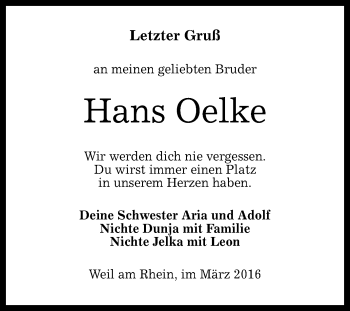 Anzeige von Hans Oelke von Reutlinger Generalanzeiger