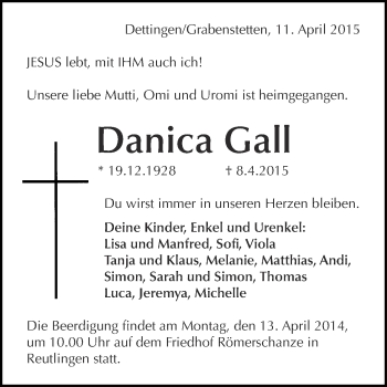 Anzeige von Danica Gall von Reutlinger Generalanzeiger