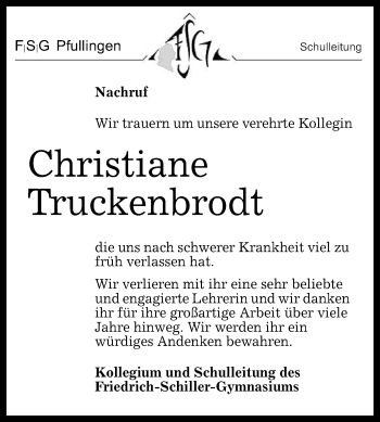 Anzeige von Christiane Truckenbrodt von Reutlinger Generalanzeiger
