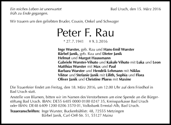 Anzeige von Peter F. Rau von Reutlinger Generalanzeiger