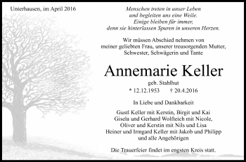 Anzeige von Annemarie Keller von Reutlinger Generalanzeiger