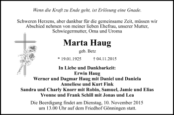 Anzeige von Marta Haug von Reutlinger Generalanzeiger