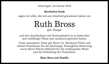 Anzeige von Ruth Bross von Reutlinger Generalanzeiger