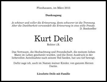 Anzeige von Kurt Deile von Reutlinger Generalanzeiger