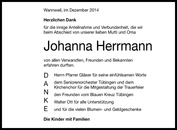 Anzeige von Johanna Herrmann von Reutlinger Generalanzeiger