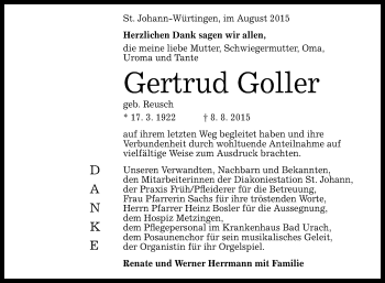 Anzeige von Gertrud Goller von Reutlinger Generalanzeiger
