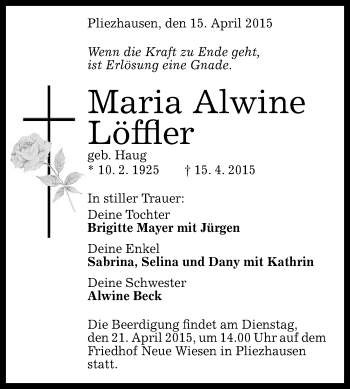 Anzeige von Maria Alwine  Löffler von Reutlinger Generalanzeiger