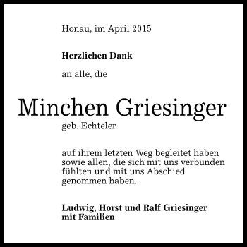 Anzeige von Minchen Griesinger von Reutlinger Generalanzeiger