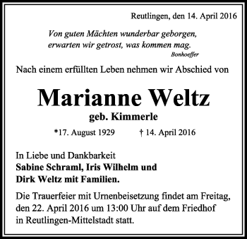 Anzeige von Marianne Weltz von Reutlinger Generalanzeiger